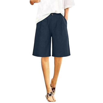 Shorce bermuda xhinsi për gra Piuwrlz, beli i lartë elastik, me xhepa, blu navy, S