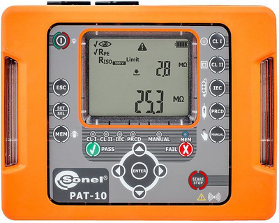 Testues sigurie elektrik Sonel PAT-10, i vogël portativ, me bateri edhe me rrymë, ngjyrë portokalli