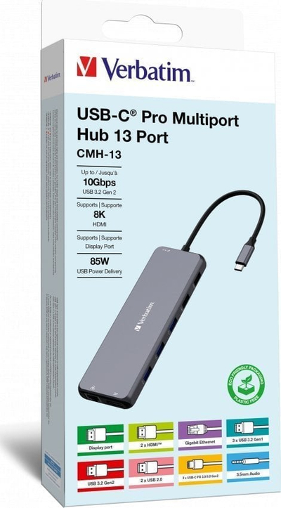Hub USB C Verbatim CMH-13, 13 porta, 2x HDMI 1x DisplayPort, ngjyrë argjendtë