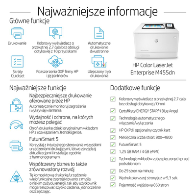 Печатач HP Color LaserJet Enterprise M455dn, ласерски во боја, бел
