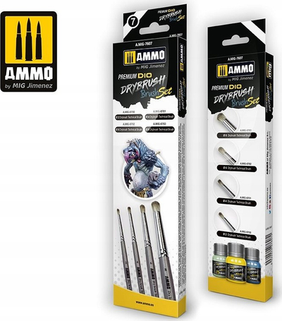 Set furça modelizmi Ammo Mig 7607 Premium Dio Drybrush, 4 copa, për miniatura