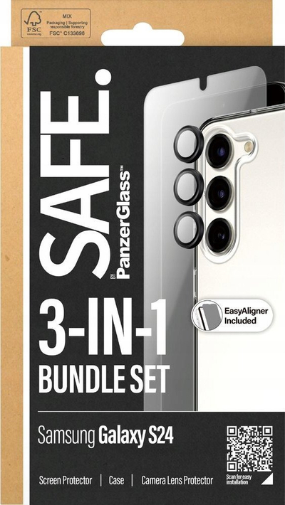 Set mbrojtës telefoni PanzerGlass SAFE 3 në 1, për Samsung Galaxy S24, xham ekrani, maskë edhe mbrojtës kamere, transparent