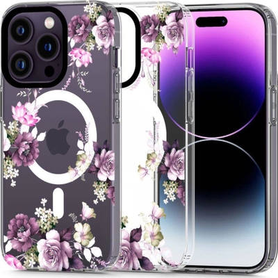 Kapak telefoni Tech-Protect Magmood, MagSafe, për iPhone 13 Pro Max, transparent me lule