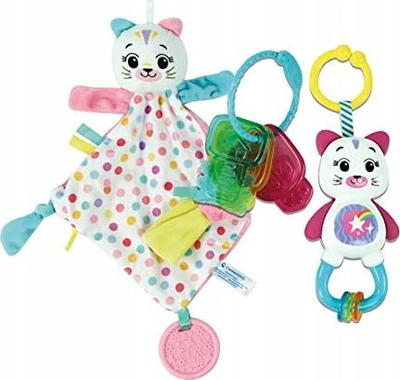 Set lodrash për bebe Clementoni Baby Gift Set Kitty, batanije përkëdhelëse, çelësa për kafshim dhe rrumbullakëz, shumëngjyrësh