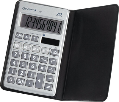 Kalkulator xhepi Genie 330, ekran me 10 shifra, bateri edhe diellor, i zi