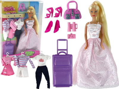 Kukull Leantoys Long Hair, me valixhe, me rroba shtesë, rozë