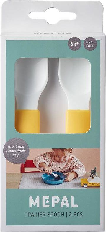 Set lugë trajnimi për kalamaj Mepal Mio, 2 copa, plastike pa BPA, të verdha