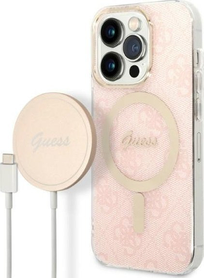 Set aksesorësh Guess GUBPP14LH4EACSP, për iPhone 14 Pro 6.1", karikues wireless MagSafe, rozë