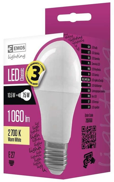 Poç Emos LED Classic A60 10,5W E27, i bardhë i ngrohtë