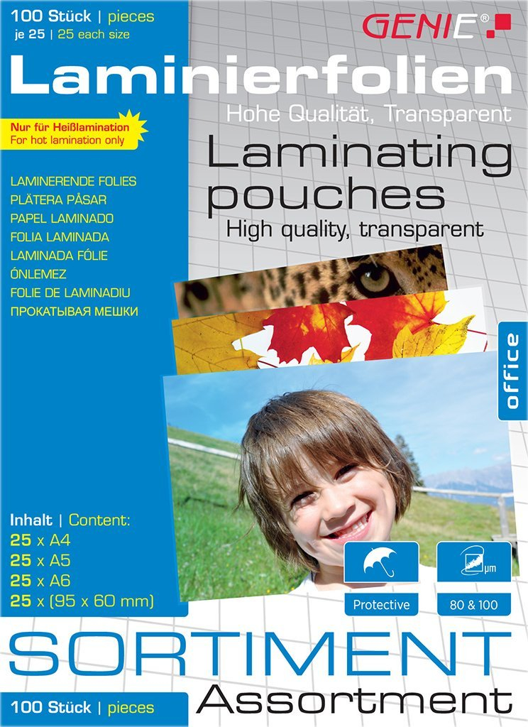 Xhepa laminimi Genie Assortment Pack, set 100 copë, 80 dhe 100 mikron, transparentë