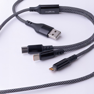 Kabllo karikimi Maxlife ALLin1, USB dhe USB-C në Lightning dhe 2x USB-C, 1 m 66W, e zezë