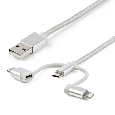 Kabllo karikimi StarTech 3 në 1, USB A në Micro USB USB C Lightning, 1m, ngjyrë argjendtë