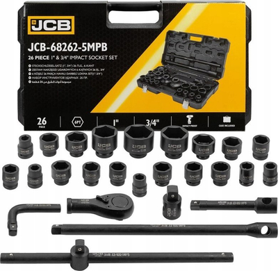 Set çelësash goditës JCB 68262 5MPB, 3/4" dhe 1", 26 copë, i zi