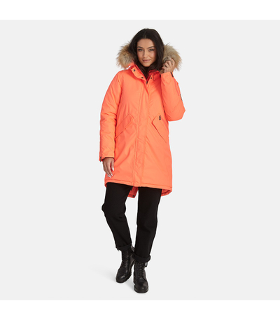 Parka për gra Huppa Vivian, 200g, me kapuç me lesh natyral, ngjyrë koral neon