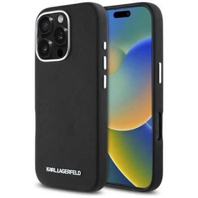 Kapak telefoni Karl Lagerfeld MagSafe për iPhone 16 Pro, lëkurë Saffiano, i zi