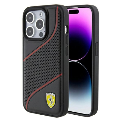 Kapotë telefoni Ferrari me vrima për iPhone 15 Pro, lëkurë PU, mbron nga goditjet, e zezë