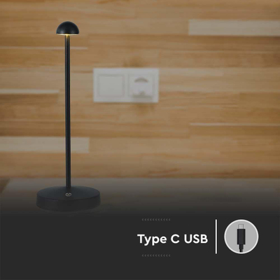 Lampë tavoline V-TAC LED, 1.6W, rikarikueshme USB-C, me prekje, e zezë