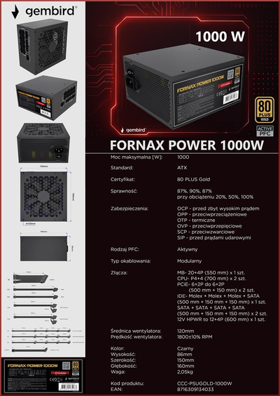 Furnizim energjie ATX 1000W, 80 Plus Gold, ventilator 12 cm, i zi