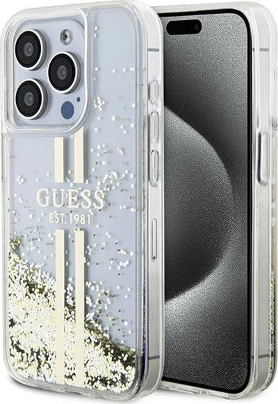 Mbrojtëse telefoni Guess Liquid Glitter Gold Stripes, për iPhone 15 Pro Max, hardcase, transparente