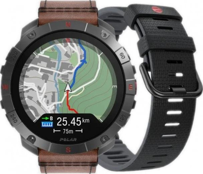 Orë sportive Polar Grit X2 Pro Titanium, AMOLED, GPS, me rrip lëkure kafe M/L