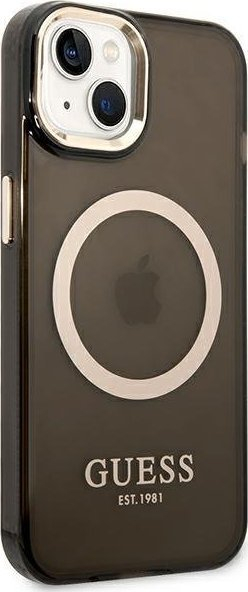 Mbulesë telefoni Guess GUHMP14SHTCMK për iPhone 14, MagSafe, transparente me ari, e zezë