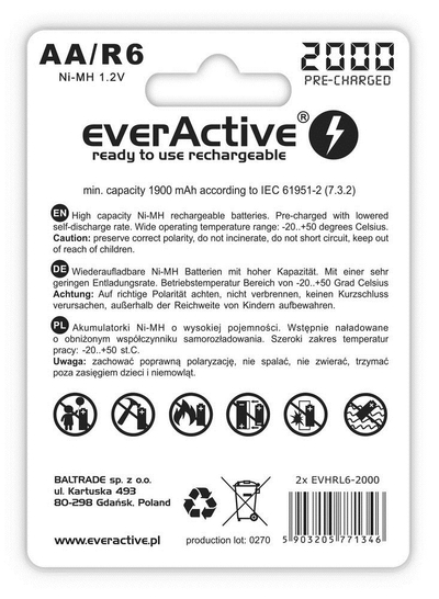 Bateri të rikarikueshme EverActive Silver AA R6, NiMH 1.2V, 1900 mAh, argjendtë