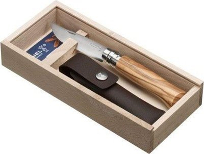Thikë palos Opinel N°08 me dru ulliri, çelik inox Sandvik, me dorezë dru ulliri edhe me këllëf