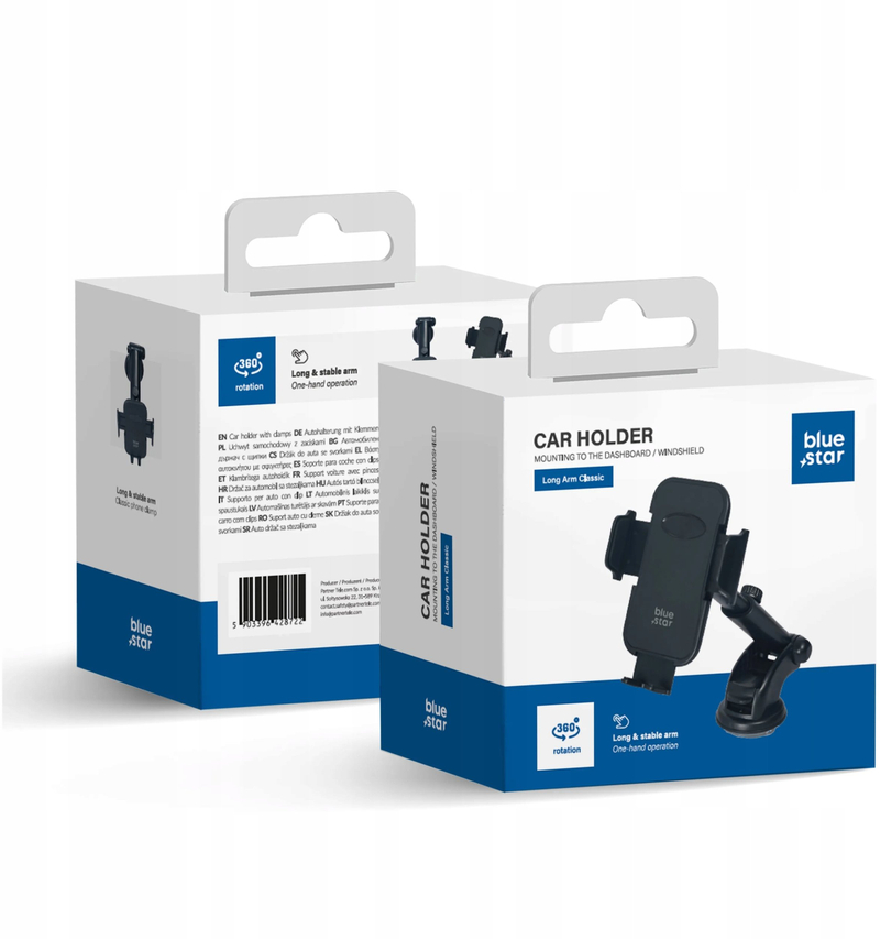 Mbajtës telefoni për veturë BlueStar Long Arm Classic, xham dhe panel, 18-23cm, i zi
