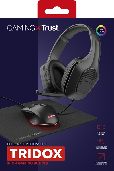 Set gaming Trust GXT790P Tridox 3 në 1, kufje me mikro, maus 6400 DPI, i zi