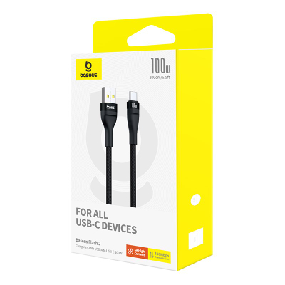 Кабел за полнење Baseus Flash 2 USB во USB-C, 100W, 2m, црн