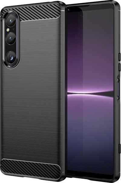 Mbrojtëse telefoni Sony Xperia 1 V Carbon, silikon i butë, efekt fibër karboni, e zezë