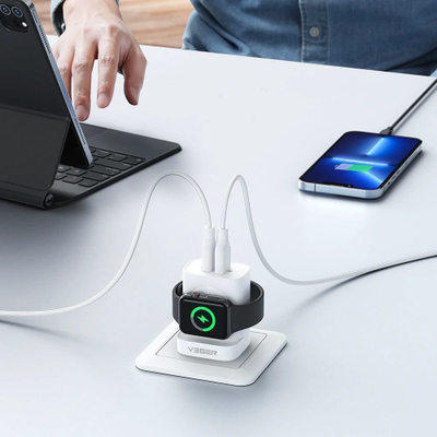 Karikues prizë Veger, 25W, 2x USB C edhe USB A, mbajtëse për Apple Watch, i bardhë