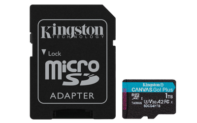 Kartë memorike Kingston Canvas Go Plus, 1TB, MicroSD U3 V30 A2 me adapter SD