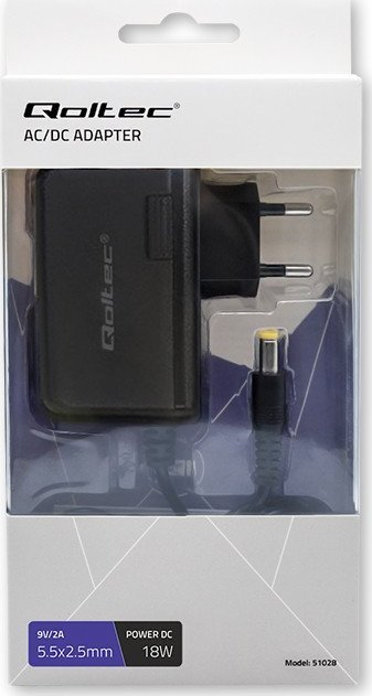 Adapter karikues Qoltec Plug in, 18W, 9V 2A, 5.5x2.5 mm, i zi