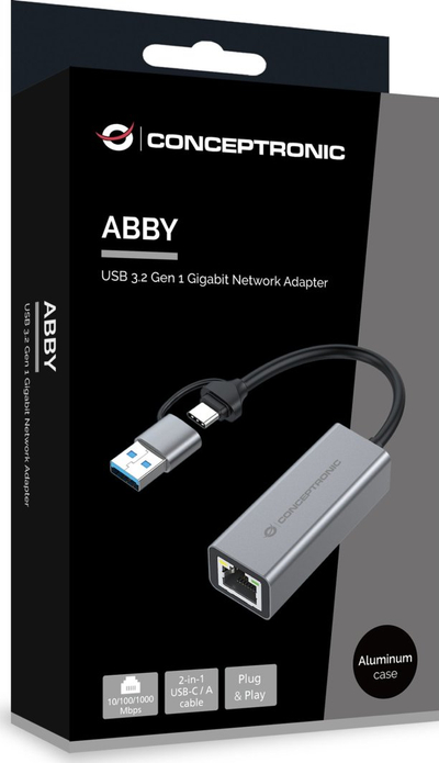 Adapter rrjeti Conceptronic USB 3.2 Gen 1 në RJ45, 10/100/1000 Mbps, i zi
