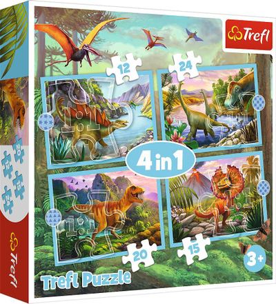 Puzzle TREFL Dinosaurs 4 në 1, set 12 15 20 24 copa, për kalamaj