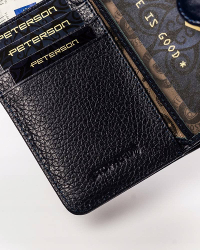 Portofol për goca Peterson, lëkurë natyrale, RFID, blu e errët