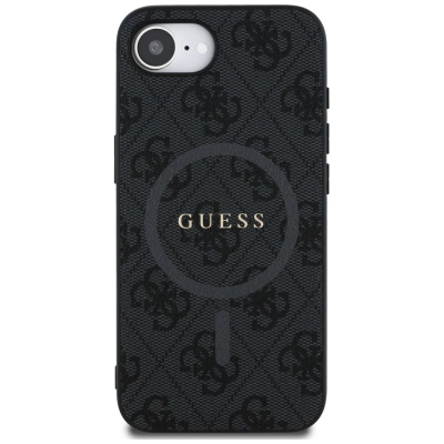 Футрола за телефон Guess 4G Ring Classic Logo MagSafe за iPhone 16e, еколошка кожа, црна