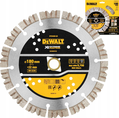 Disk prerës diamanti DeWALT DT20468, 180mm, për beton dhe tullë, i verdhë