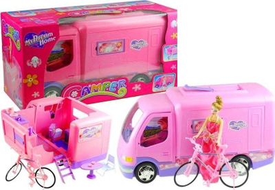 Set lodrash LEAN TOYS Van with Bicycle 3718, kamper për kukulla, me biçikletë, rozë vjollcë