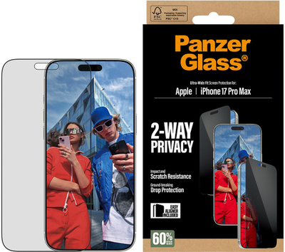 Mbrojtës ekrani PanzerGlass 2 Way Privacy për iPhone 17 Pro Max, Ultra Wide Fit, me EasyAligner, transparent