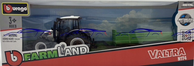 Lodër traktor Bburago Valtra M2/Q, 10 cm, me rimorkio që bën tip, shumëngjyrëshe