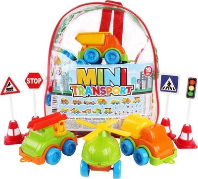 Set lodrash Technok Mini Vehicles, mjete të vogla transporti, me tabela trafiku, shumëngjyrësh