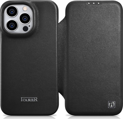 Këllëf telefoni iCarer CE Premium Leather Folio për iPhone 14 Pro, lëkurë natyrale, me kapak, i zi