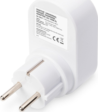 Adapter prizë universal Digitus, 1x prizë me tokëzim, 2x USB A, i bardhë