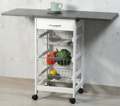 Raft mobil kuzhine Kesper Mobile Kitchen Folding Shelf, me rrota, me 3 shporta dhe sipërfaqe palosëse, gri