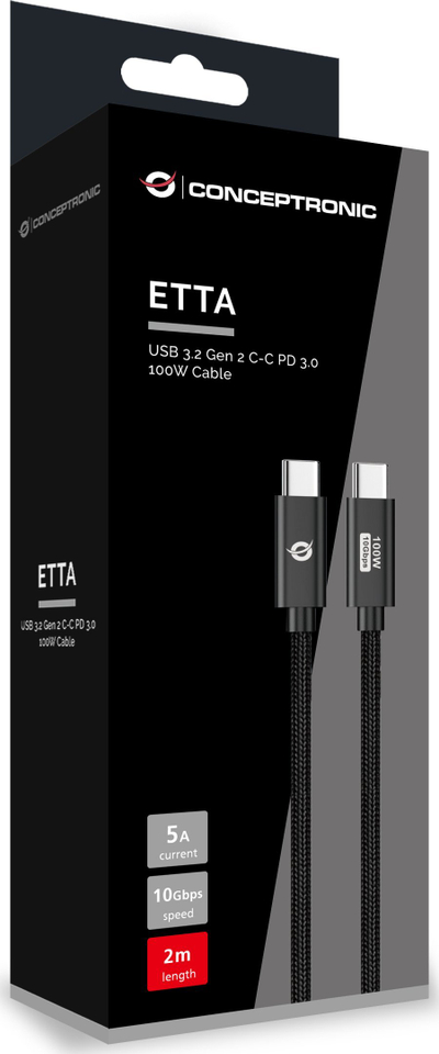 Kabllo USB-C Conceptronic C në C, 2m, 5A 10Gbps, e zezë