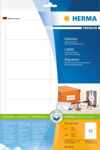 Etiketa universale Herma Premium Labels A4, 97x42.3 mm, 120 copë, të bardha