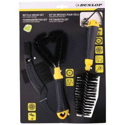 Set furçash pastrimi biçiklete Dunlop, 3 copë, plastike, të zeza me të verdhë