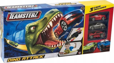 Set lojë garash Teamsterz Speed City Dino Attack, pistë me dinozaur, 3 makina, shumëngjyrëshe